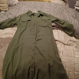 Olive Green Button-Front Shirt Dress